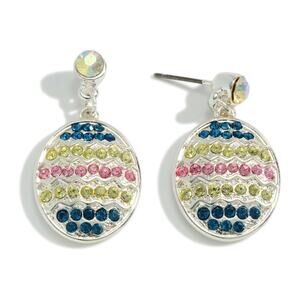 Yellow Pink Blue Crystal Striped Enamel Easter Egg Dangle Earrings